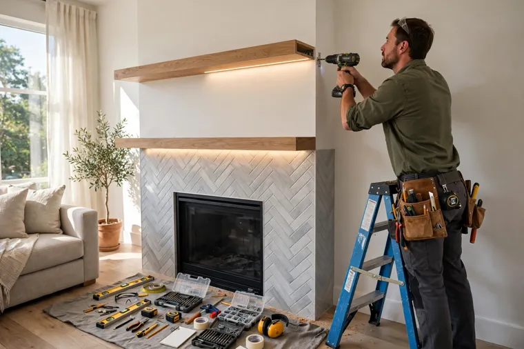 Fireplace wall with tile and floating shelves being installed