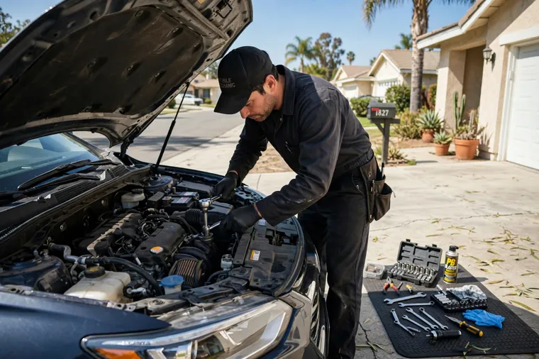 Mobile mechanic working on a car engine in a driveway