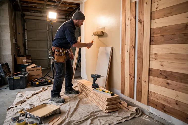 Worker painting an interior garage wall with wood panels nearby