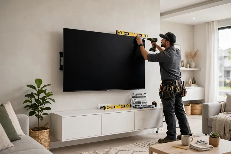 Handyman mounting a large TV on a living room wall with a level